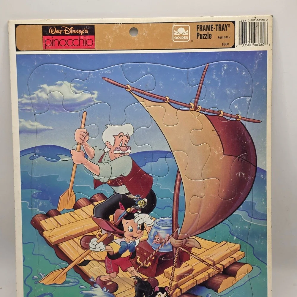 Golden Pinocchio Puzzle Kids Blue Disney Raft Scene Vintage‎ Frame Tray Toy